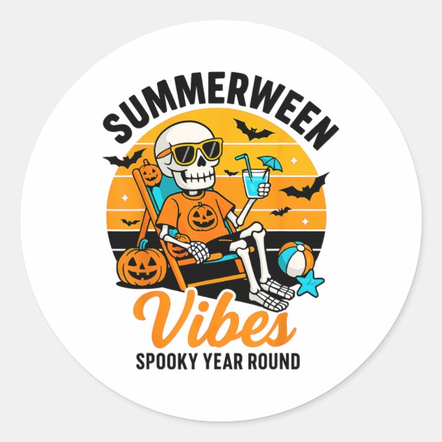Halloween Summer Ween Vibes Spooky Skeleton Float  Classic Round Sticker (Front)