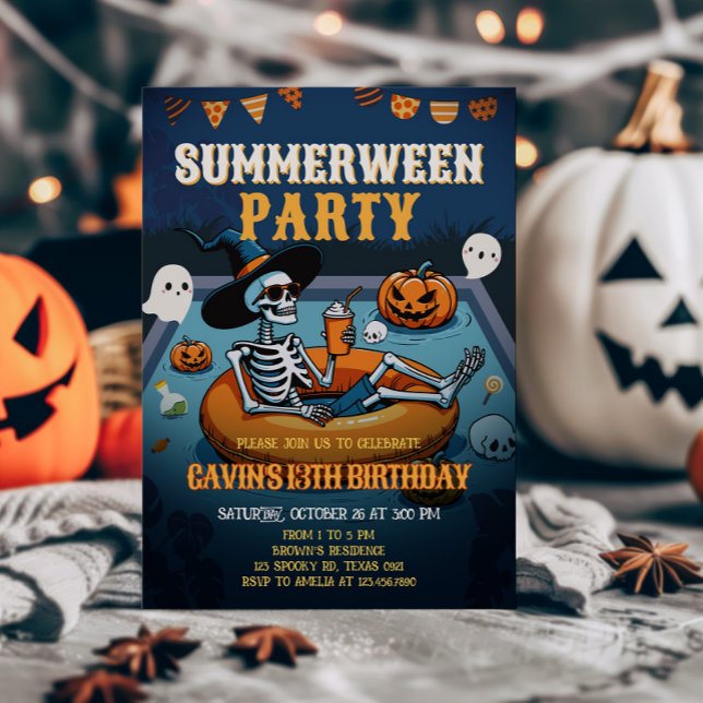 Halloween Summerween Pool Birthday Invitation (Halloween Pool Summerween Birthday Invitation)