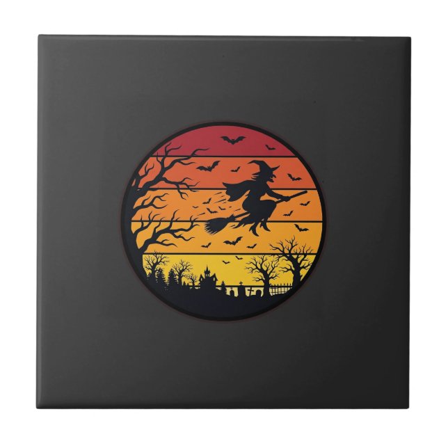Halloween Sunset Witch Silhouette Retro Circle Des Ceramic Tile (Front)