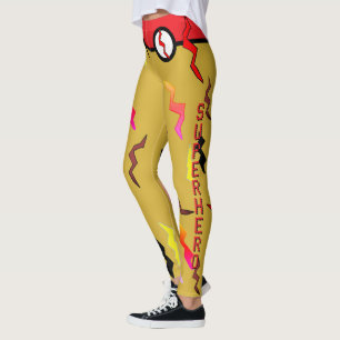 Halloween Superhero Red Gold Lightning Bolts Leggings