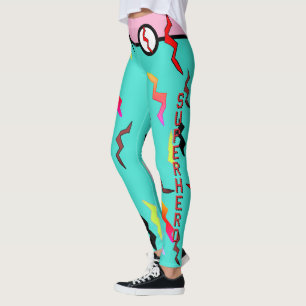 Halloween Superhero Turquoise Pink Lightning Bolts Leggings