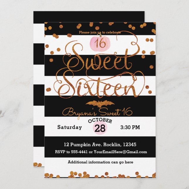 Halloween Sweet 16 Birthday Party Black White Pink Invitation (Front/Back)
