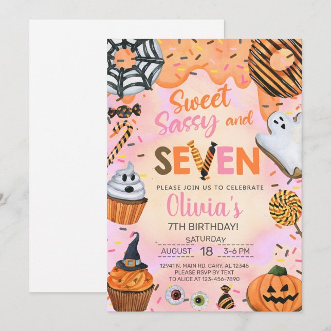 Halloween sweet sassy seven 7th birthday invite. invitation (Front/Back)
