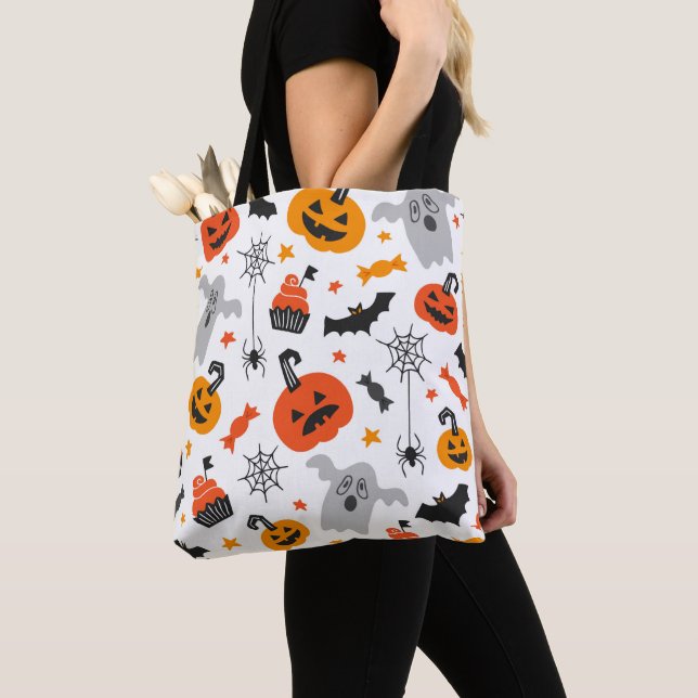 Halloween symbols pattern on white tote bag (Close Up)