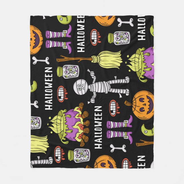 Halloween symbols, vintage seamless theme fleece blanket (Front)