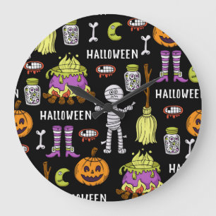 Halloween symbols, vintage seamless theme large clock
