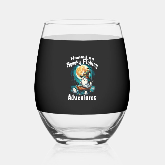 Halloween T  Hooked on Spooky Fishing Stemless Wine Glass (Front)