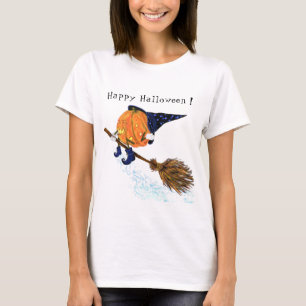 Halloween T-Shirt Witch Pumpkin Flying with Broom