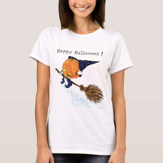 Halloween T-Shirt Witch Pumpkin Flying with Broom (Front)