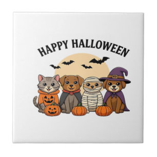 Halloween T-Shirt with Cute Cats and Dogs in Costu Ceramic Tile