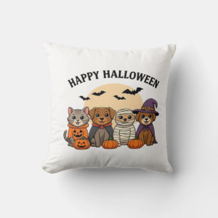 Halloween T-Shirt with Cute Cats and Dogs in Costu Cushion