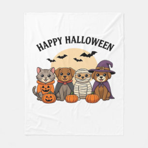 Halloween T-Shirt with Cute Cats and Dogs in Costu Fleece Blanket