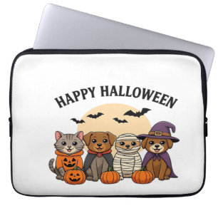 Halloween T-Shirt with Cute Cats and Dogs in Costu Laptop Sleeve