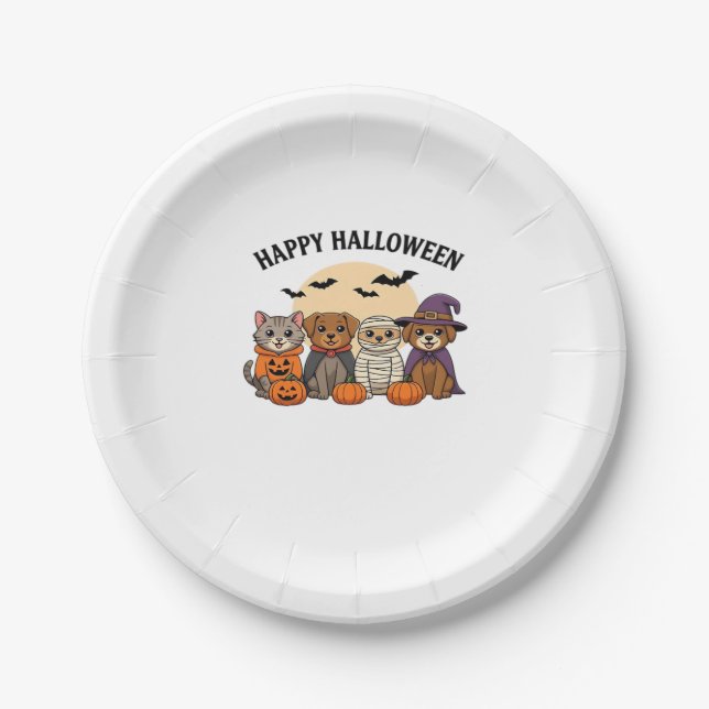 Halloween T-Shirt with Cute Cats and Dogs in Costu Paper Plate (Front)