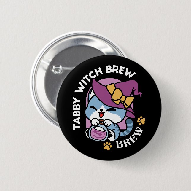 Halloween Tabby Cat – Witch Hat & Potion Art 6 Cm Round Badge (Front & Back)
