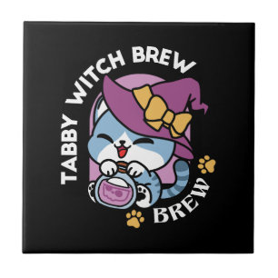 Halloween Tabby Cat – Witch Hat & Potion Art Ceramic Tile