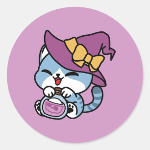 Halloween Tabby Cat – Witch Hat & Potion Art Classic Round Sticker