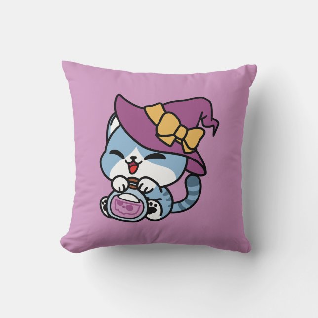 Halloween Tabby Cat – Witch Hat & Potion Art Cushion (Front)
