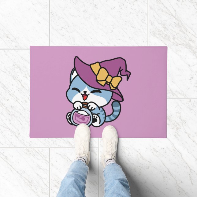 Halloween Tabby Cat – Witch Hat & Potion Art Doormat (Indoor)