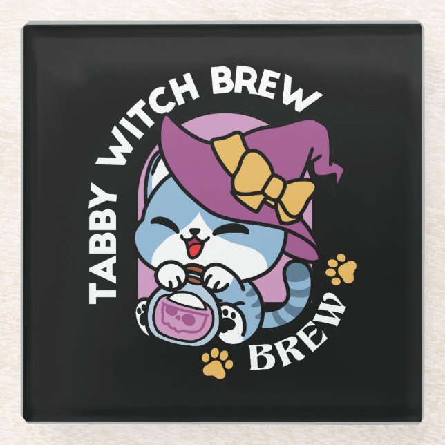 Halloween Tabby Cat – Witch Hat & Potion Art Glass Coaster (Front)