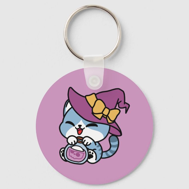 Halloween Tabby Cat – Witch Hat & Potion Art Key Ring (Front)