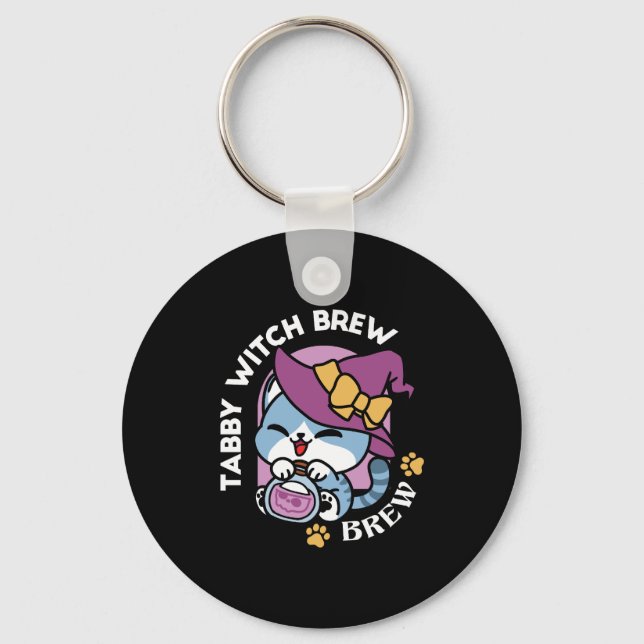 Halloween Tabby Cat – Witch Hat & Potion Art Key Ring (Front)