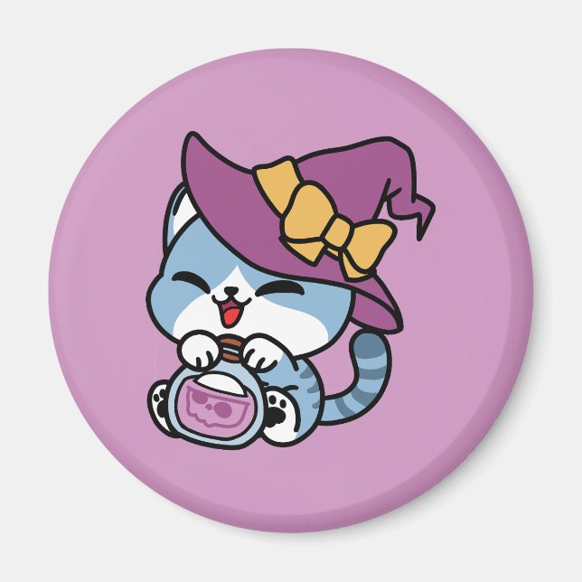 Halloween Tabby Cat – Witch Hat & Potion Art Magnet (Front)