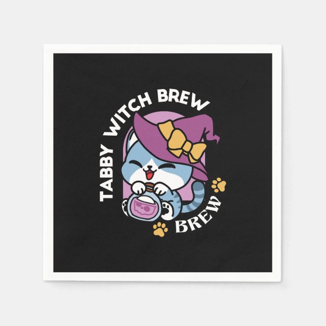 Halloween Tabby Cat – Witch Hat & Potion Art Napkin (Front)