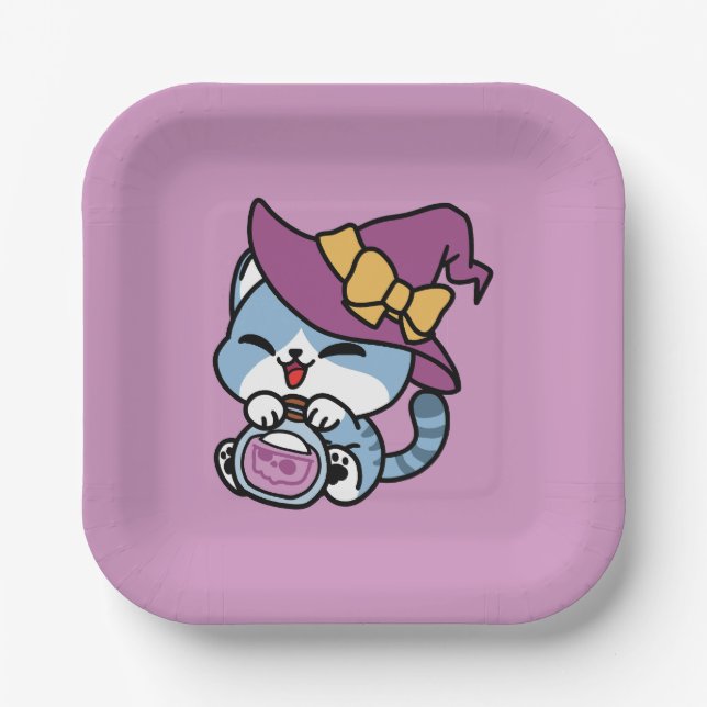 Halloween Tabby Cat – Witch Hat & Potion Art Paper Plate (Front)