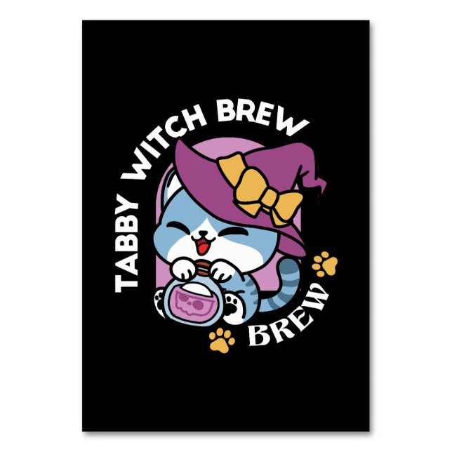 Halloween Tabby Cat – Witch Hat & Potion Art Table Number (Front)