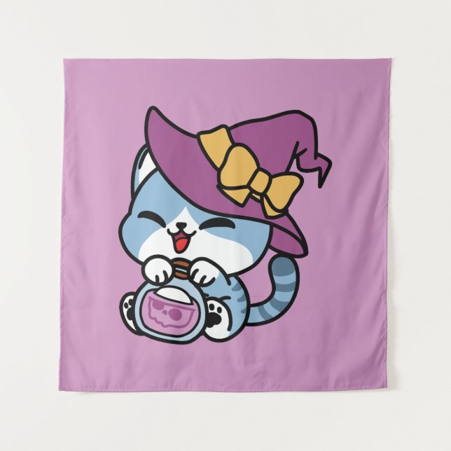 Halloween Tabby Cat – Witch Hat & Potion Art Tapestry (Front)