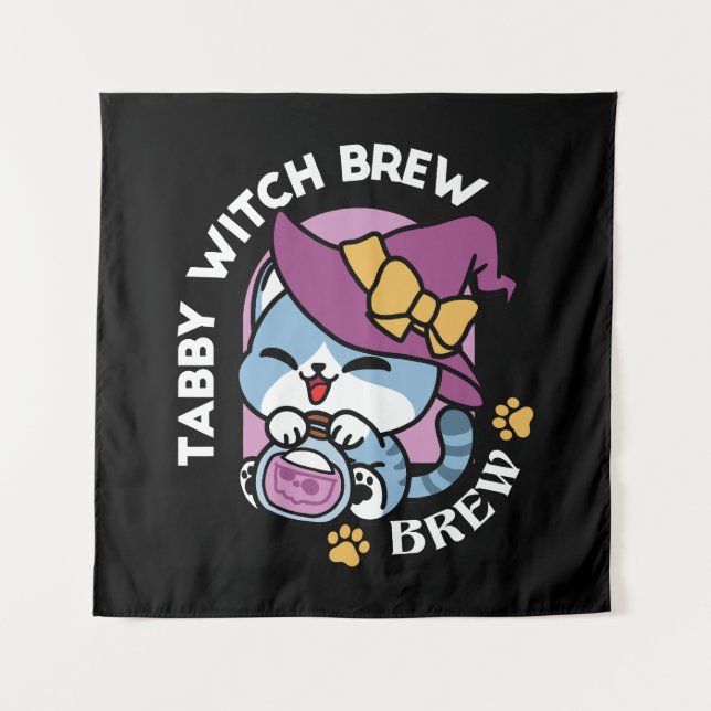 Halloween Tabby Cat – Witch Hat & Potion Art Tapestry (Front)