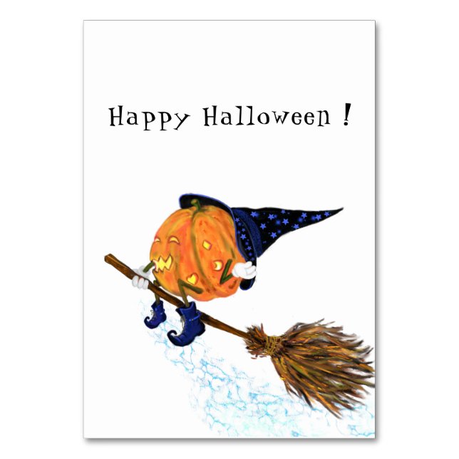 Halloween Table Number Witch Pumpkin Flying Broom (Front)