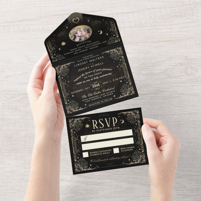 Halloween Tarot Black & Gold Photo "Together With" All In One Invitation (Tearaway)