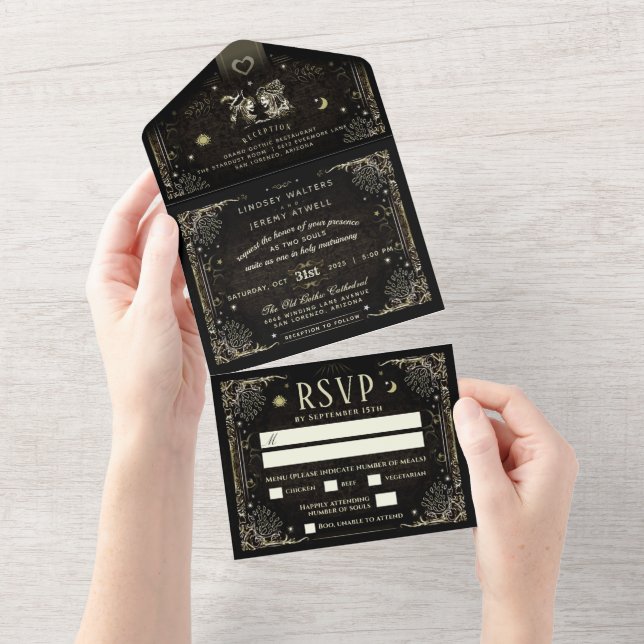 Halloween Tarot Black & Gold Wedding MENU All In One Invitation (Tearaway)