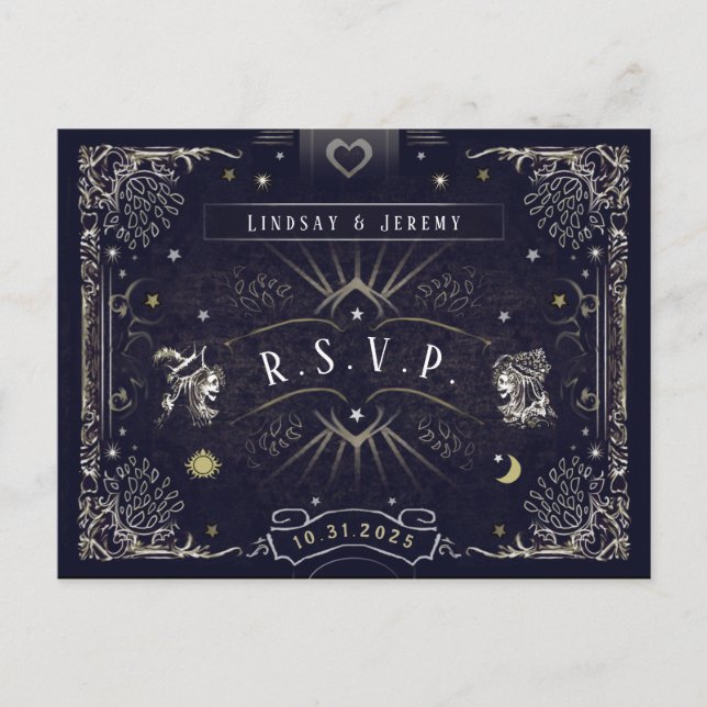 Halloween Tarot Card Navy Blue RSVP PostCard (Front)