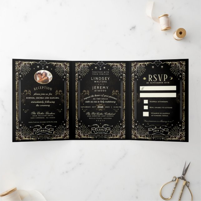 Halloween Tarot Wedding - "Together With" Tri-Fold Invitation (Inside)