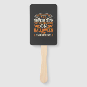 Halloween Teacher Assistant Black Cats and Pumpkin Hand Fan