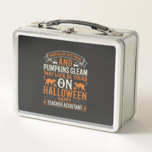 Halloween Teacher Assistant Black Cats and Pumpkin Metal Lunch Box