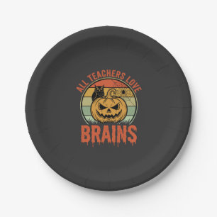Halloween Teacher Brains Vintage Pumpkin Owl Paper Plate