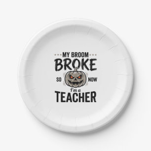 Halloween Teacher Broom Broke Vintage Pumpkin Desi Paper Plate