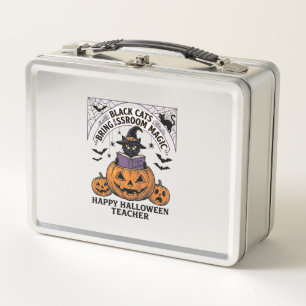 Halloween Teacher Cat Vintage Pumpkin Classroom Ma Metal Lunch Box