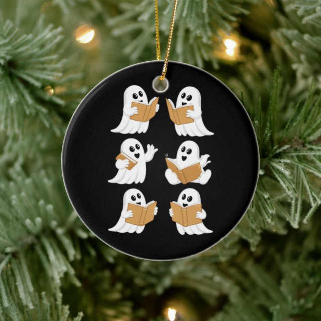 Halloween Teacher Ghost Reading Books Librarian Ceramic Ornament (Tree)