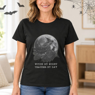 Halloween Teacher Witch Full Moon Light Lettering T-Shirt