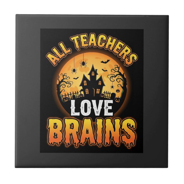 Halloween Teacher Zombie Brains Horror Moon Design Ceramic Tile (Front)
