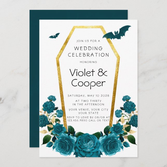 Halloween Teal Florals Gold Coffin Floral Wedding Invitation (Front/Back)