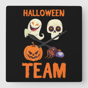 Halloween Team Skeleton Pumpkin Ghost Spider Spook Square Wall Clock