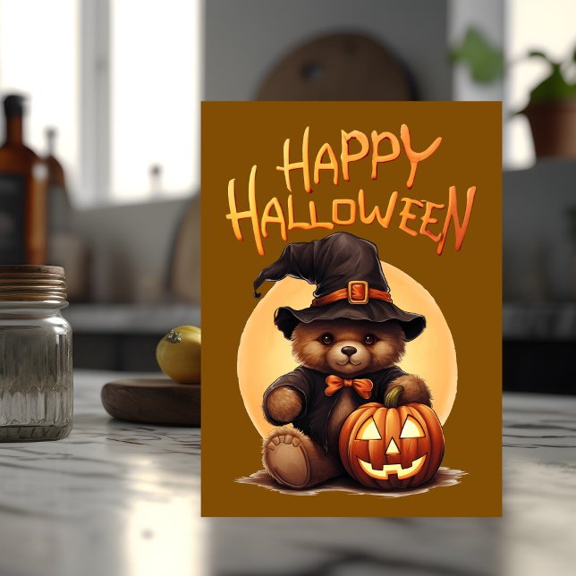 Halloween Teddy Bear Card (Halloween card with teddy bear on the front sits on top of a kitchen counter.)