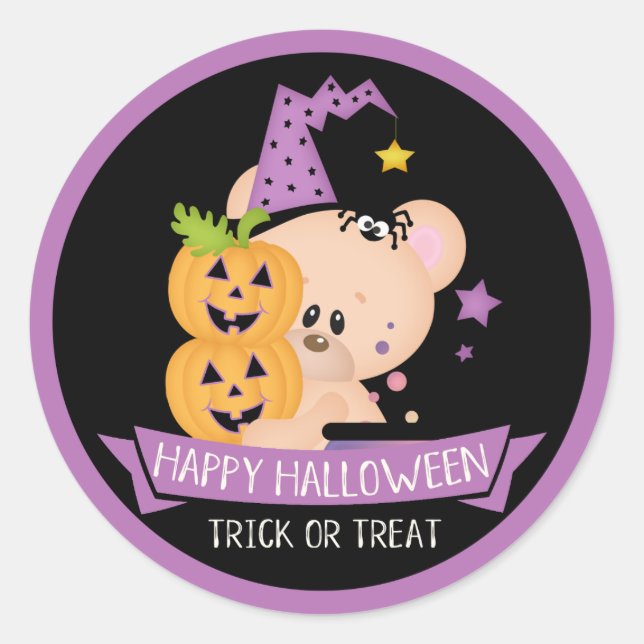 Halloween Teddy Bear Warlock with Pumpkins Classic Round Sticker (Front)