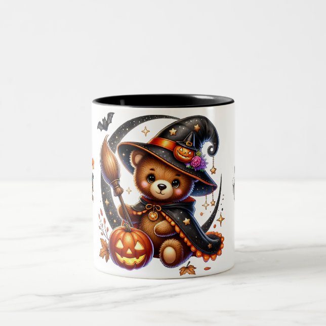 Halloween Teddy Bear Wizard Holiday Two-Tone Coffee Mug (Center)